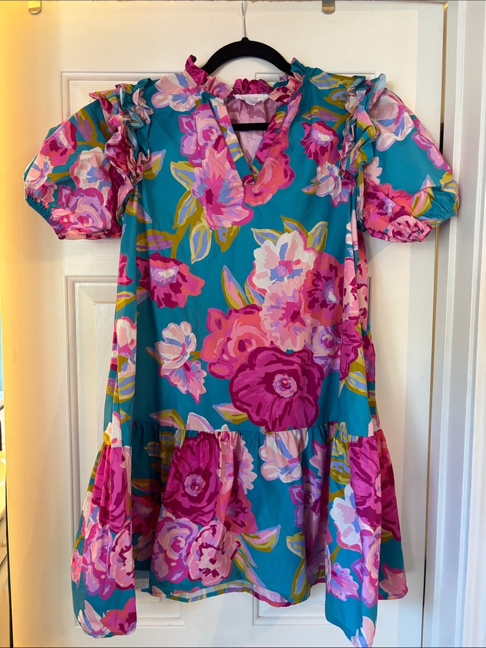 Peach Love California Teal Floral Dress with Pink and Magenta Blooms